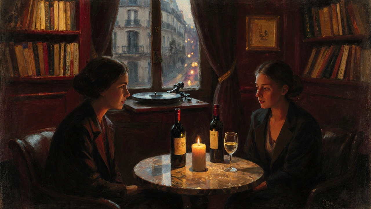 Two people share an intimate evening in a cozy Parisian wine bar with candlelight and jazz music.