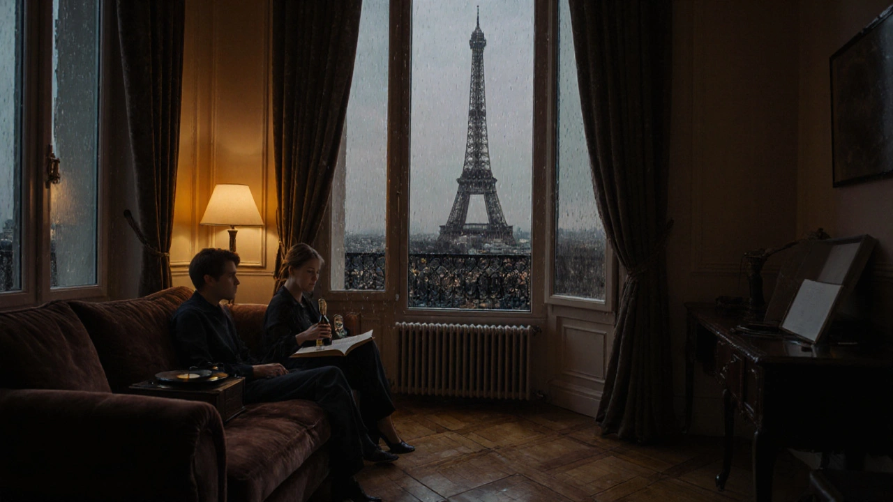 Two people share wine and quiet conversation in a Paris apartment at twilight, the Eiffel Tower glowing softly through the window.