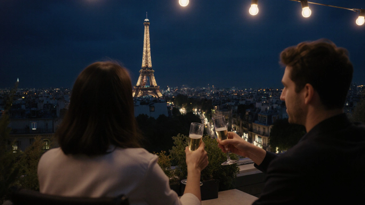 Two people sharing champagne on a quiet rooftop with the Eiffel Tower glowing in the distance.