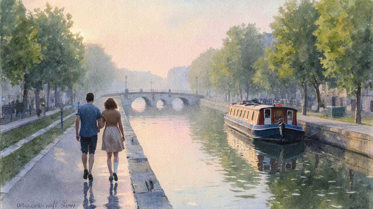 Two people walking peacefully along the Canal Saint-Martin at sunrise, their reflections visible on the calm water.