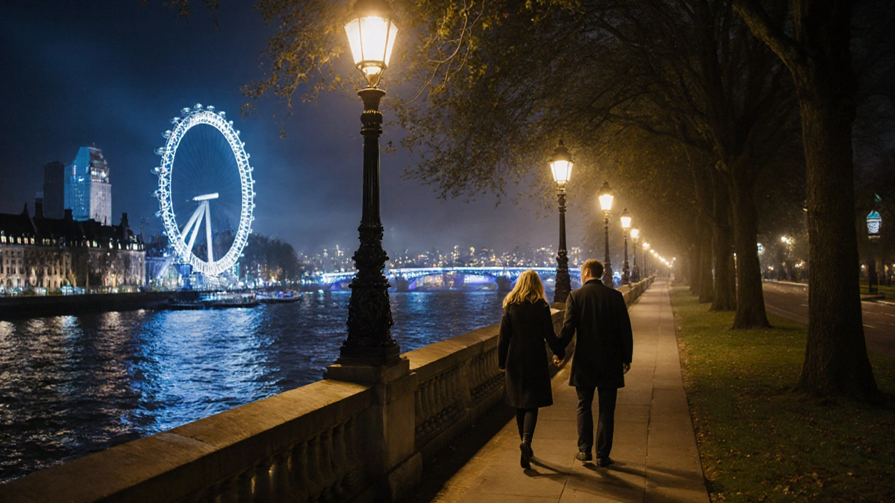 Two people walking silently along the Thames at night, hands nearly touching, city lights reflecting on water.