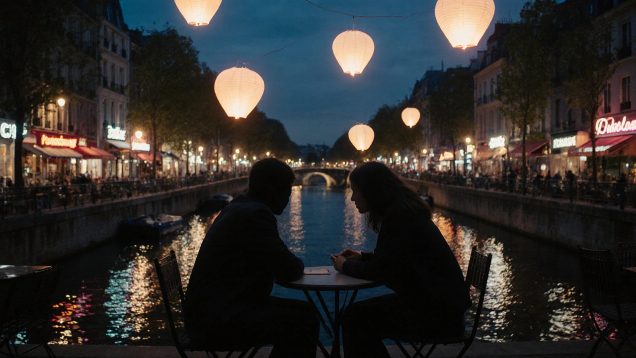 Two silhouettes on a canal terrace at night, engaged in quiet conversation under soft neon glow.