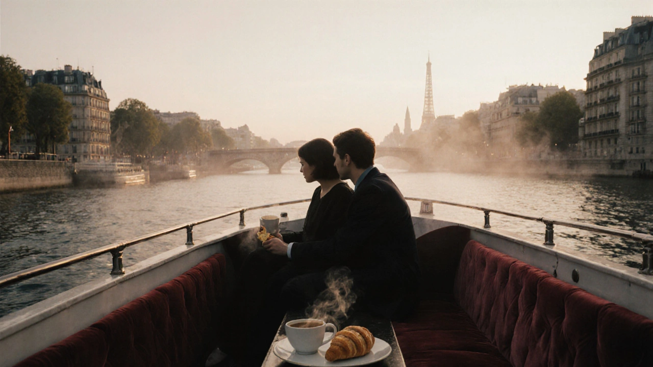 Two silhouettes sit on a quiet riverboat at dawn, Paris skyline glowing softly behind them, steam rising from coffee.