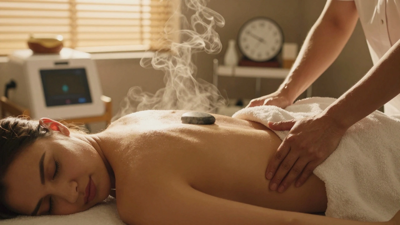 A client's peaceful face during an erotic massage, gloved hand gently supporting them, warm light filtering through blinds.