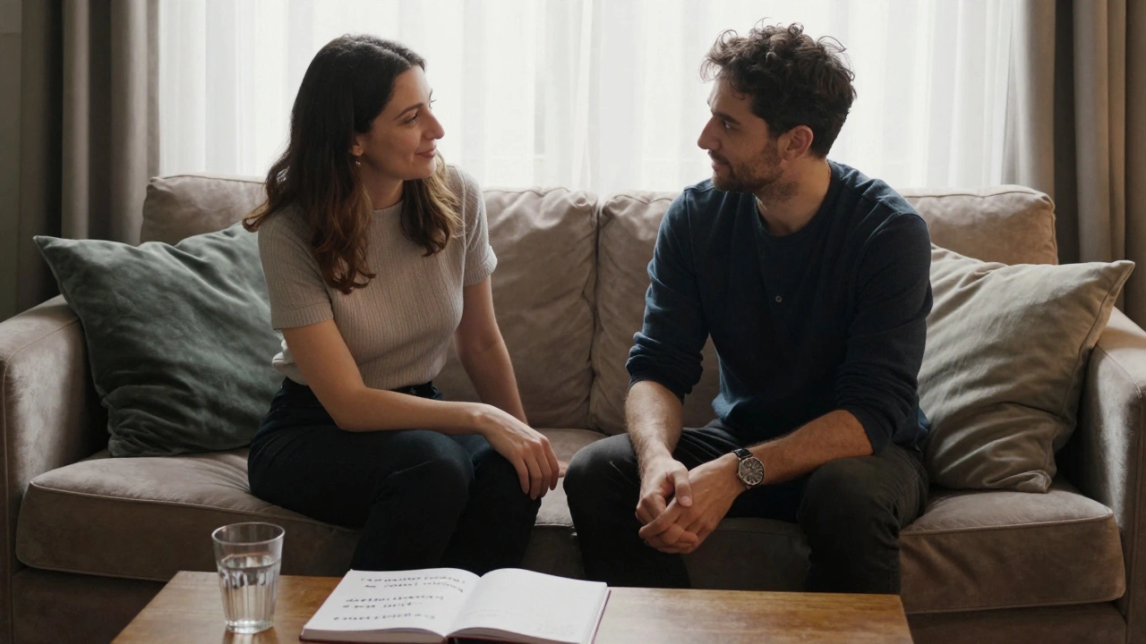 A client and escort having a calm, respectful conversation after a session in a cozy London room.