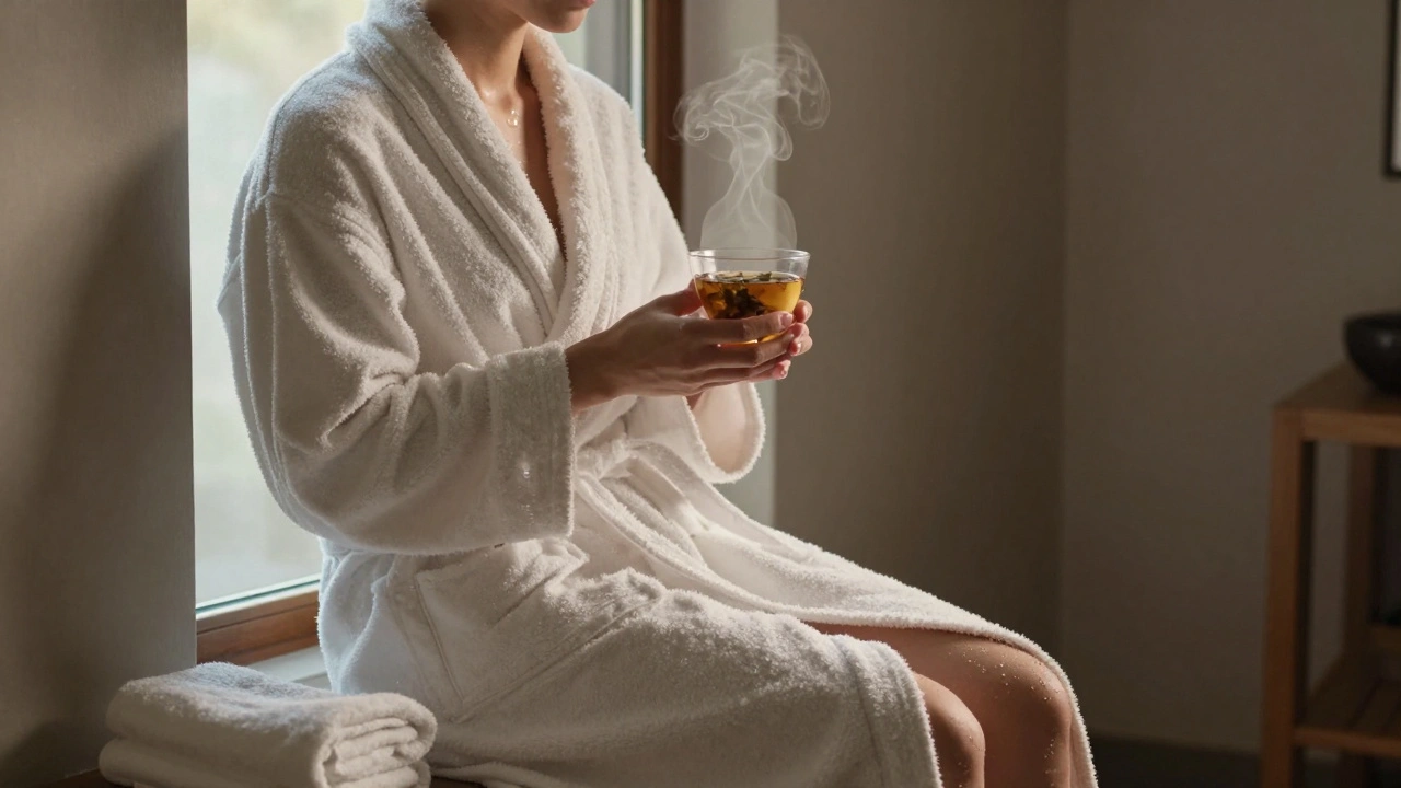 A client wrapped in a robe, sipping tea at dawn after a nuru massage, surrounded by calm and stillness.