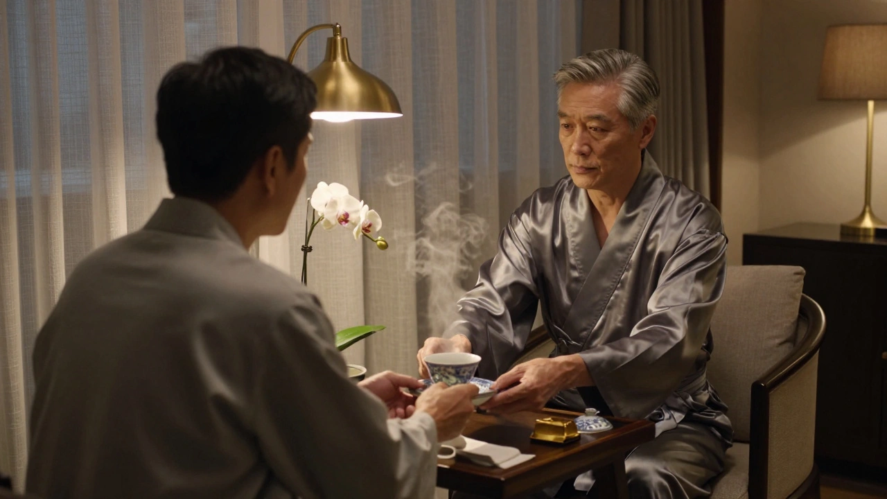 A composed professional in a silk robe offers tea to a client in a quiet luxury suite, capturing quiet intimacy through stillness and light.