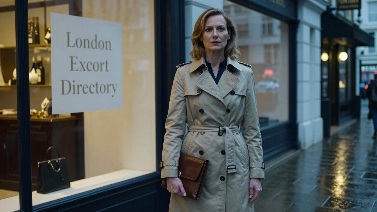 A confident woman in a trench coat standing outside a boutique hotel in Mayfair, London.