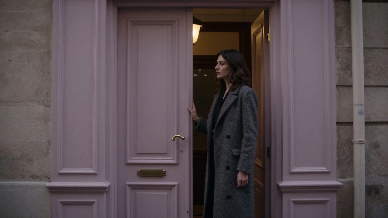 A discreet doorway in Le Marais at twilight, a woman holding it open, no signs, only quiet invitation.