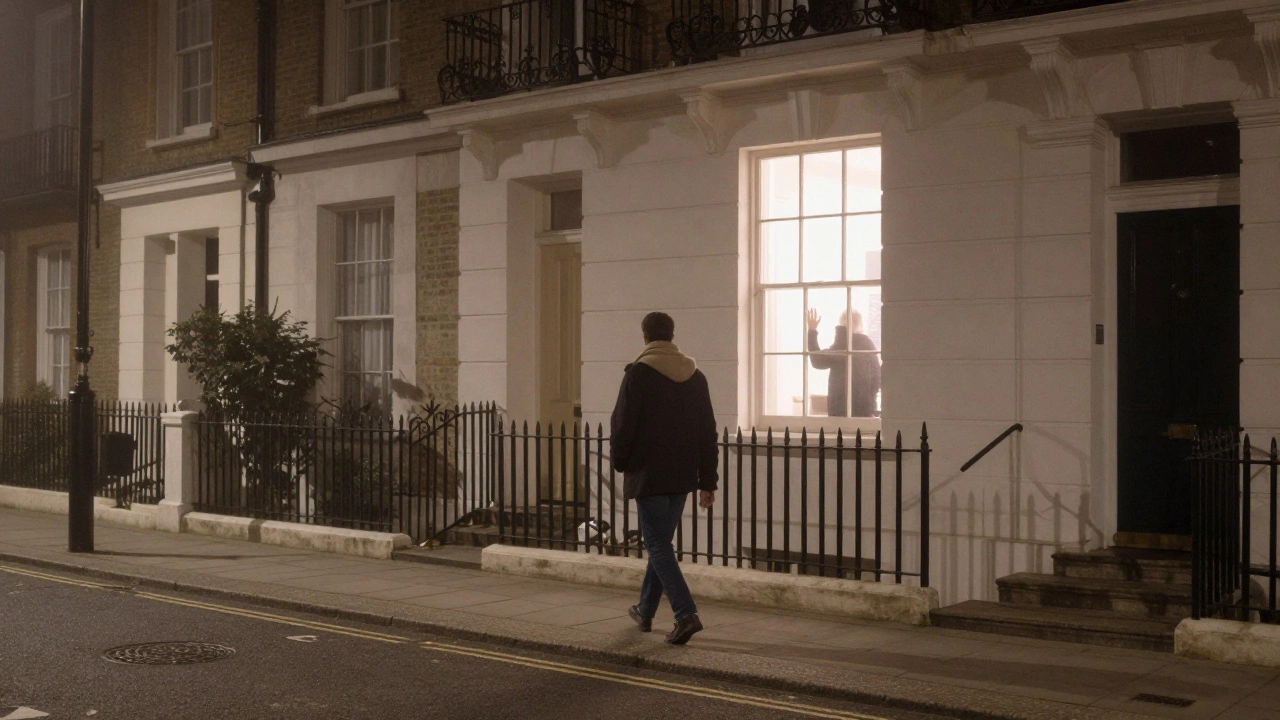 A figure walking away from a softly lit townhouse at night, leaving behind a peaceful, private encounter.