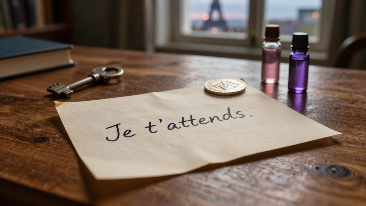 A handwritten note 'Je t’attends' with a key, coin, and lavender oil on a wooden desk.
