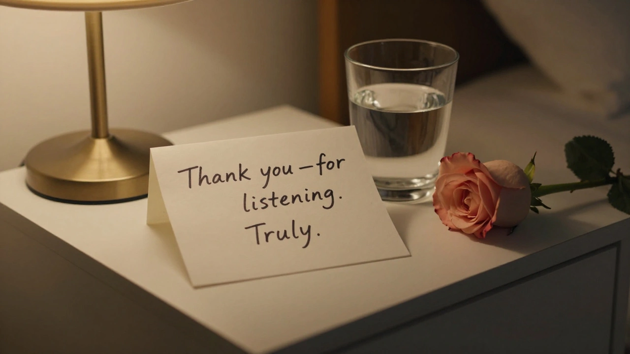 A handwritten thank-you note and a rose left on a nightstand, symbolizing quiet appreciation.