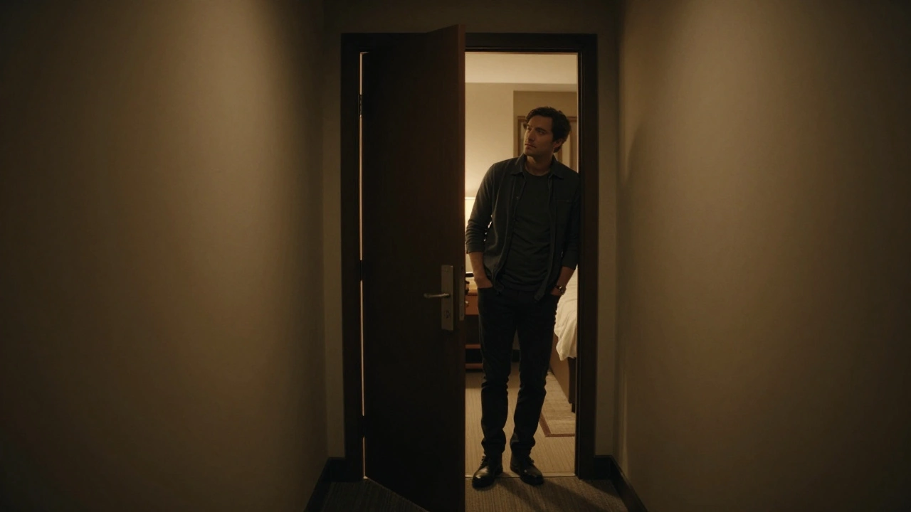 A man hesitating outside a warmly lit hotel room door, conveying quiet respect and thoughtful presence.