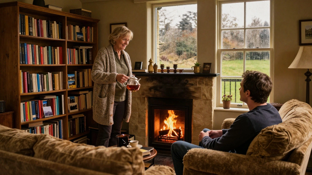 A mature woman pours tea in a rustic countryside cottage, fire glowing softly as rain falls outside.