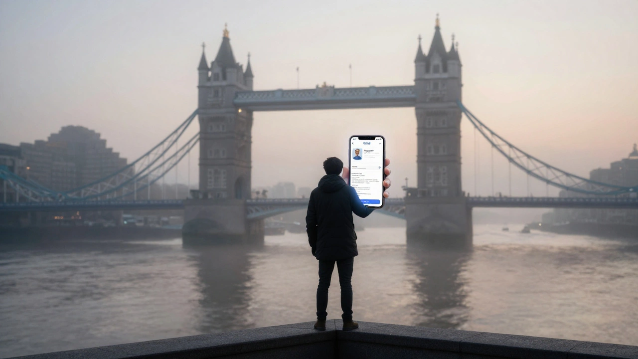 A person on a foggy London bridge holding a phone showing a verified escort profile at dawn.