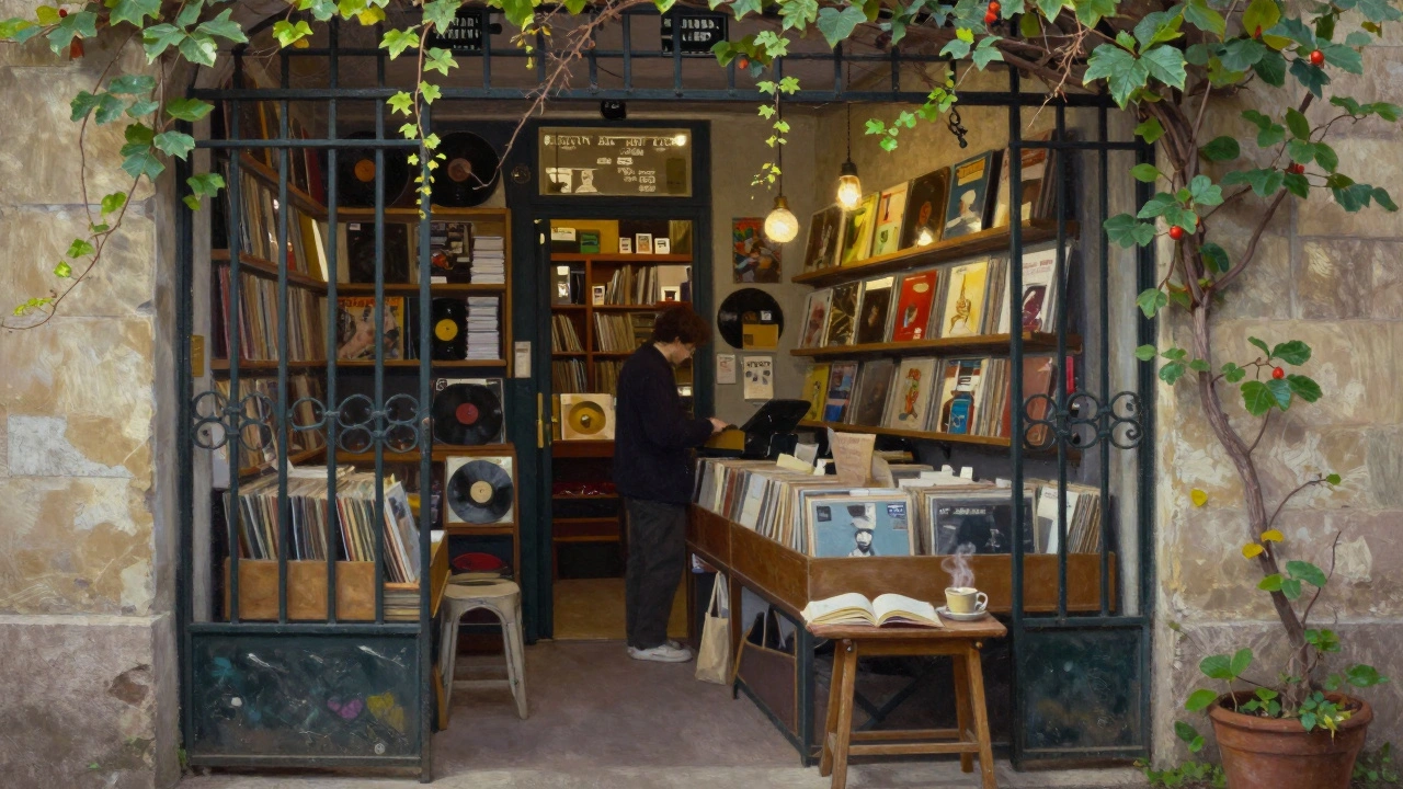 A quiet vintage vinyl shop tucked behind a wrought-iron gate in Saint-Germain-des-Prés, lit by soft interior light.