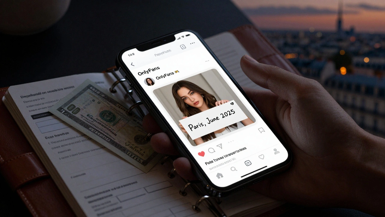A smartphone displays a verified performer&#039;s profile with a handwritten date note, beside a hotel confirmation and cash envelope.