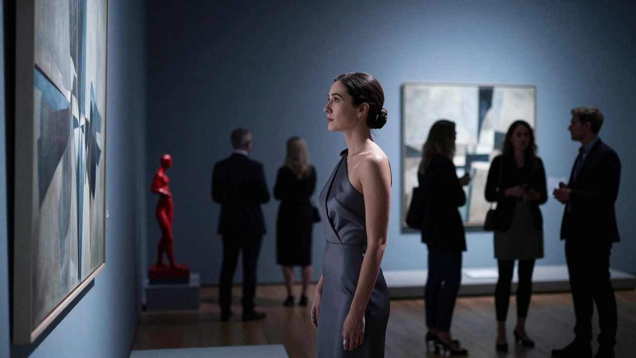 A sophisticated woman contemplating art at a private gallery viewing in London.