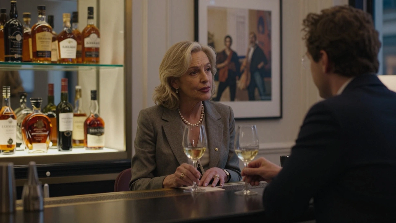 A sophisticated woman in her 50s shares a quiet drink with a man in a refined hotel bar in South Kensington.