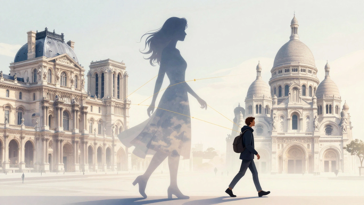 A woman's silhouette blends with Paris landmarks, connected by golden threads to a traveler.