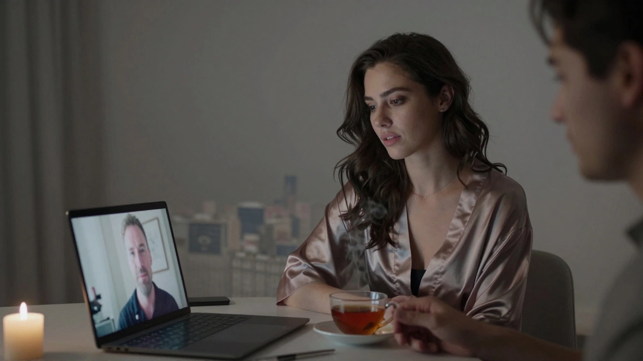 A woman in a silk robe speaks softly on a video call, with a blurred Paris skyline behind her, conveying quiet intimacy.