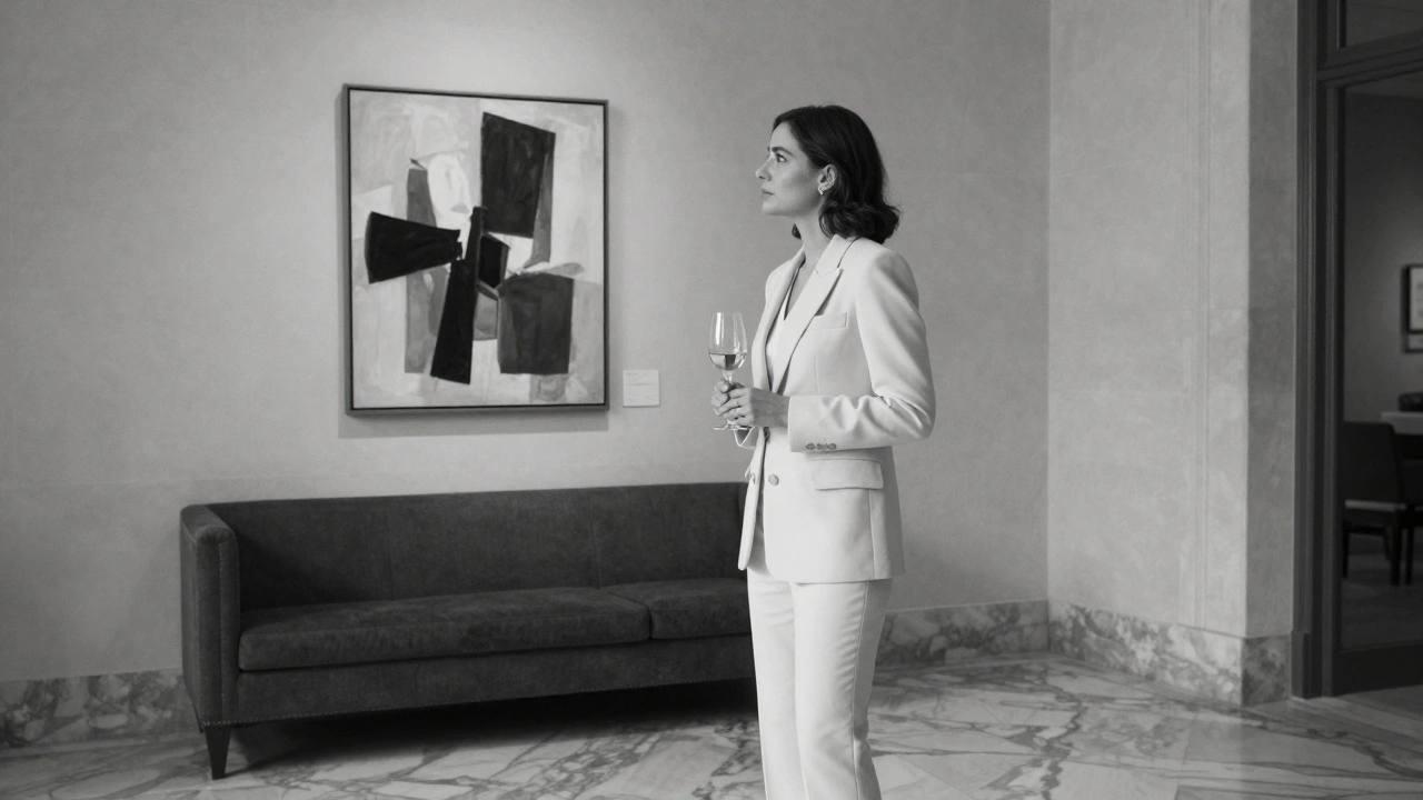 A woman in a tailored suit standing quietly in a luxury art gallery lounge.