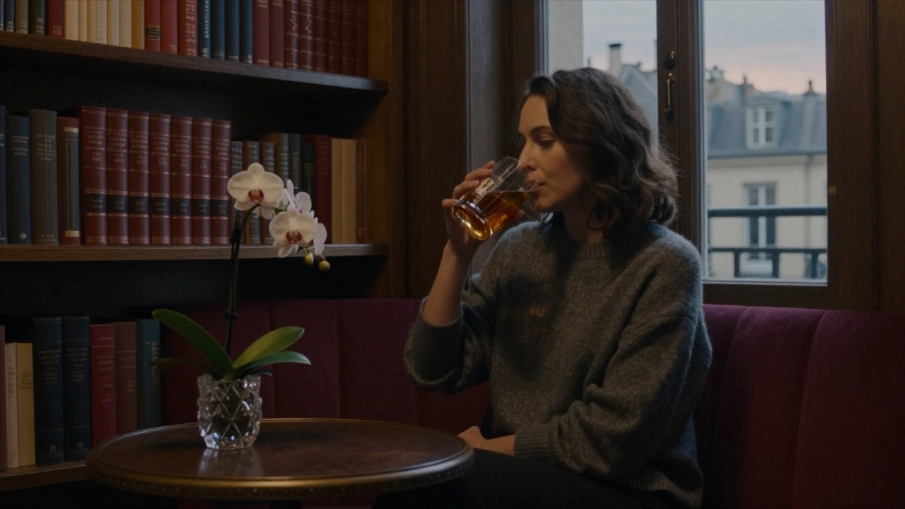 A woman in cashmere sips whiskey in a quiet bookstore lounge, surrounded by books and warm lamplight.