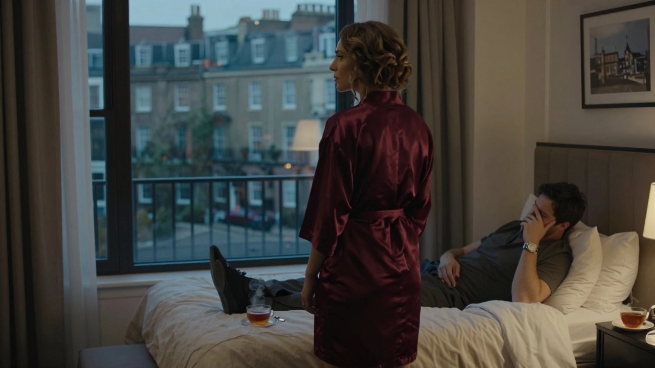 A woman looks out a hotel window at city lights while a man rests peacefully on the bed behind her.