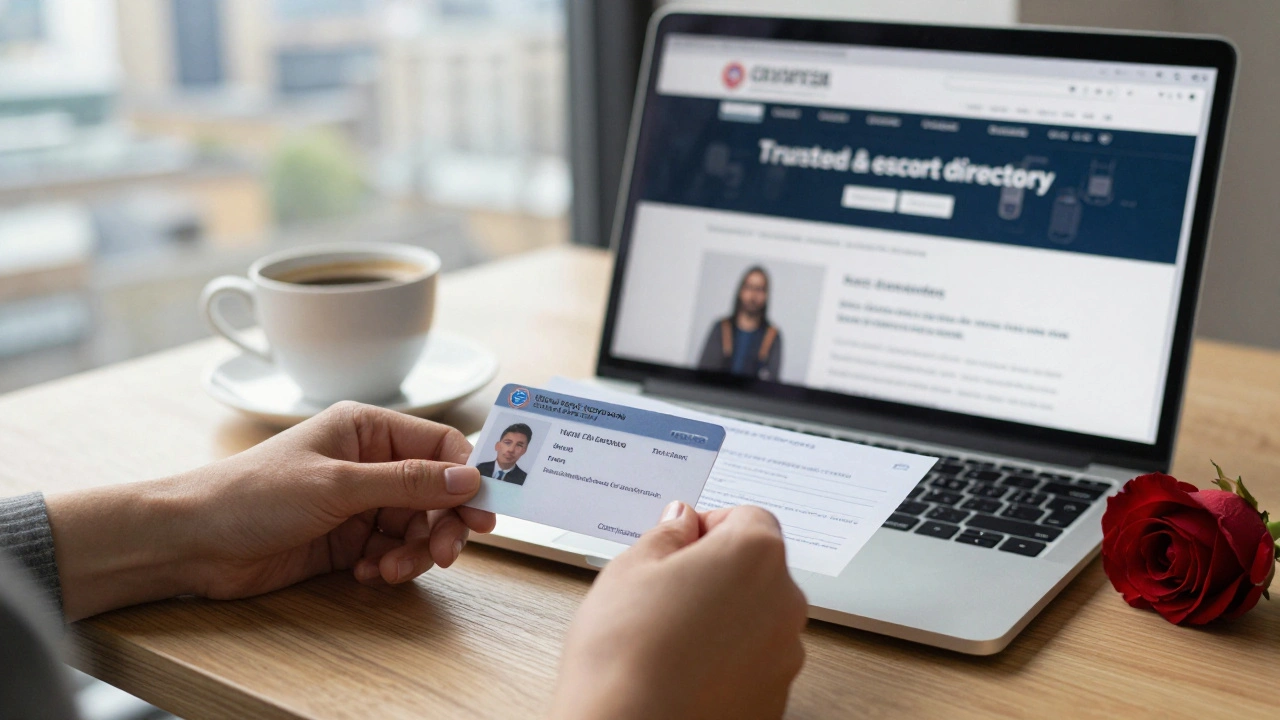 A woman placing ID and booking confirmation on a desk with coffee and a rose.