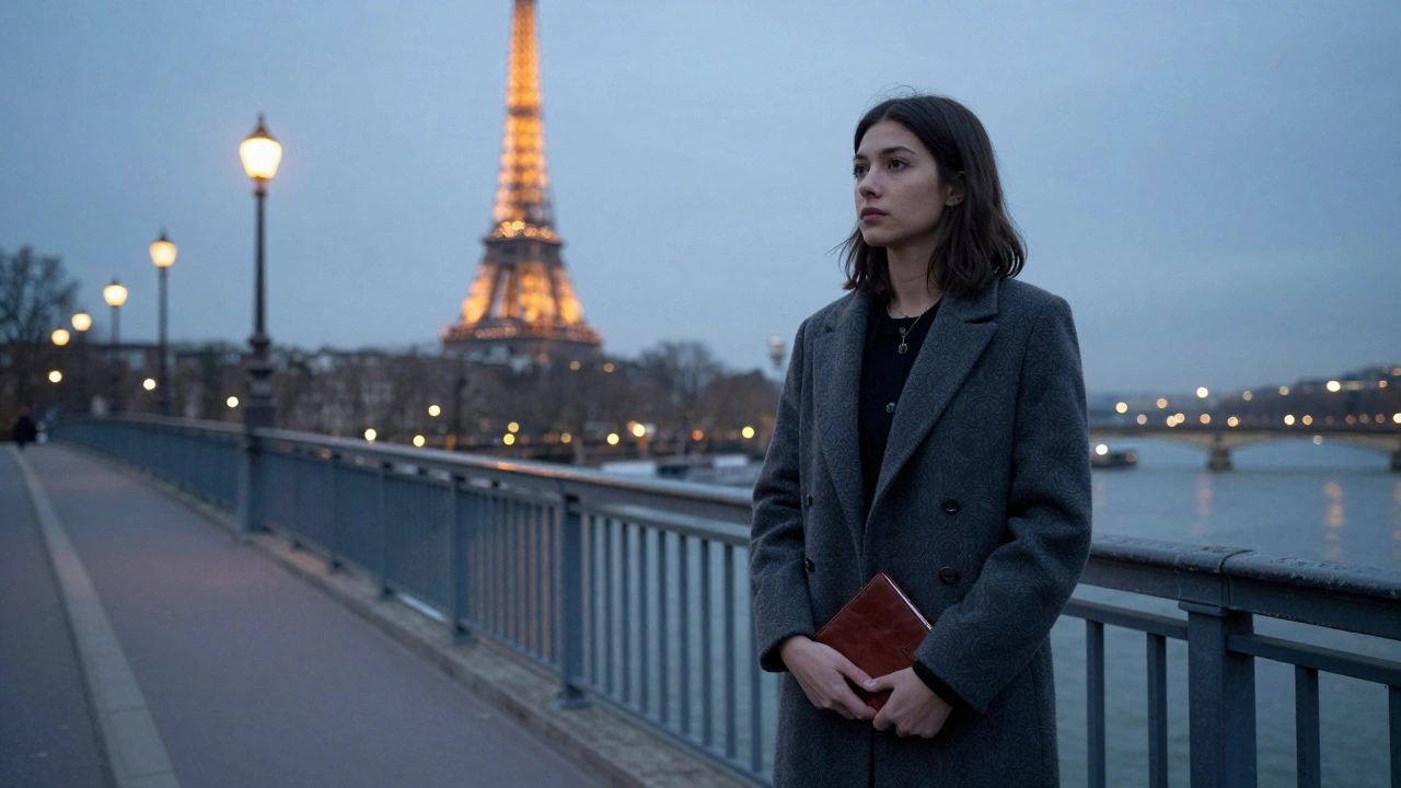 A woman standing alone on a bridge over the Seine at dusk, Eiffel Tower in distance.