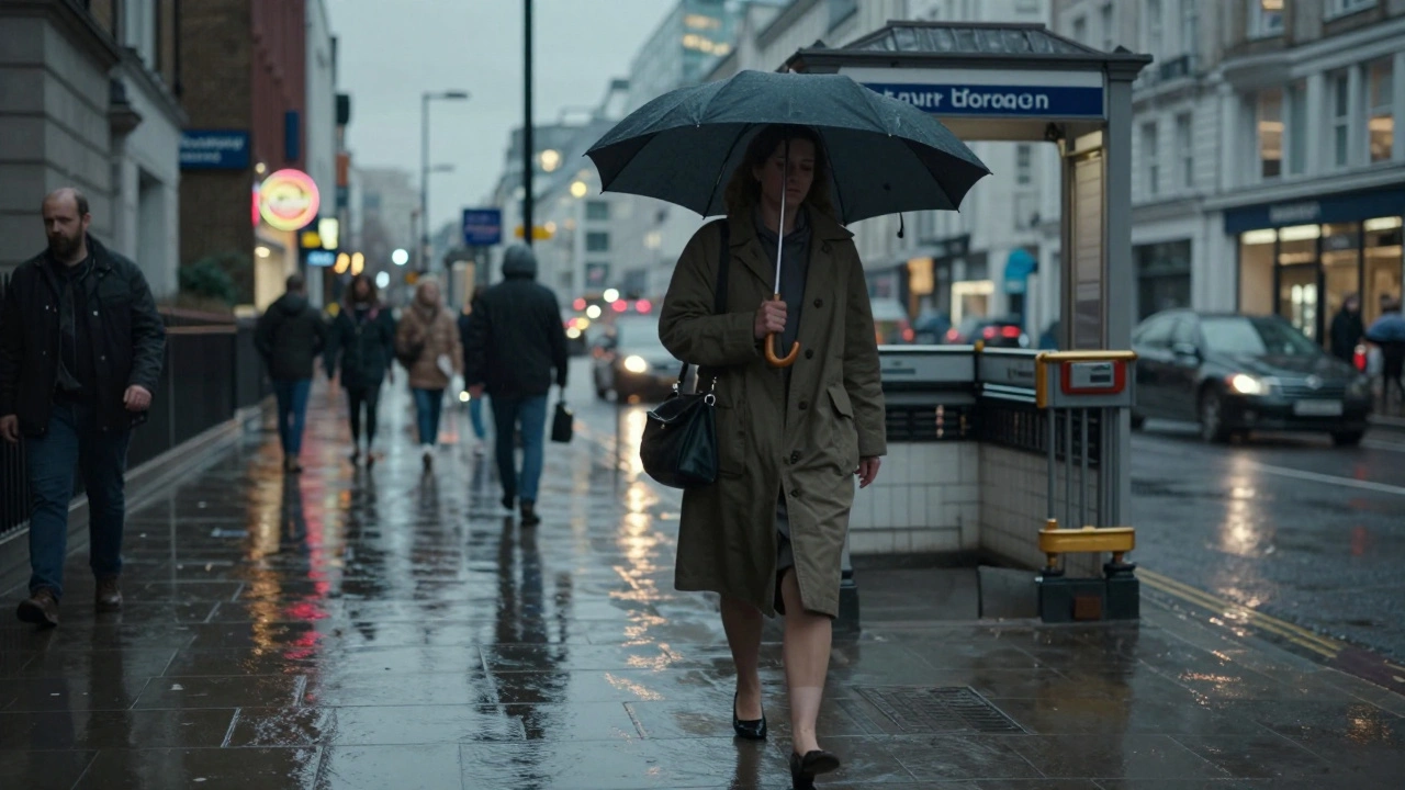 A woman walks alone through a rainy London street at dusk, wearing flats and a practical coat, heading toward the Tube.