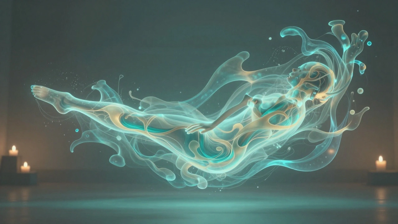 Abstract fluid forms in cool turquoise and gold representing the smooth, gliding motion of a nuru massage.