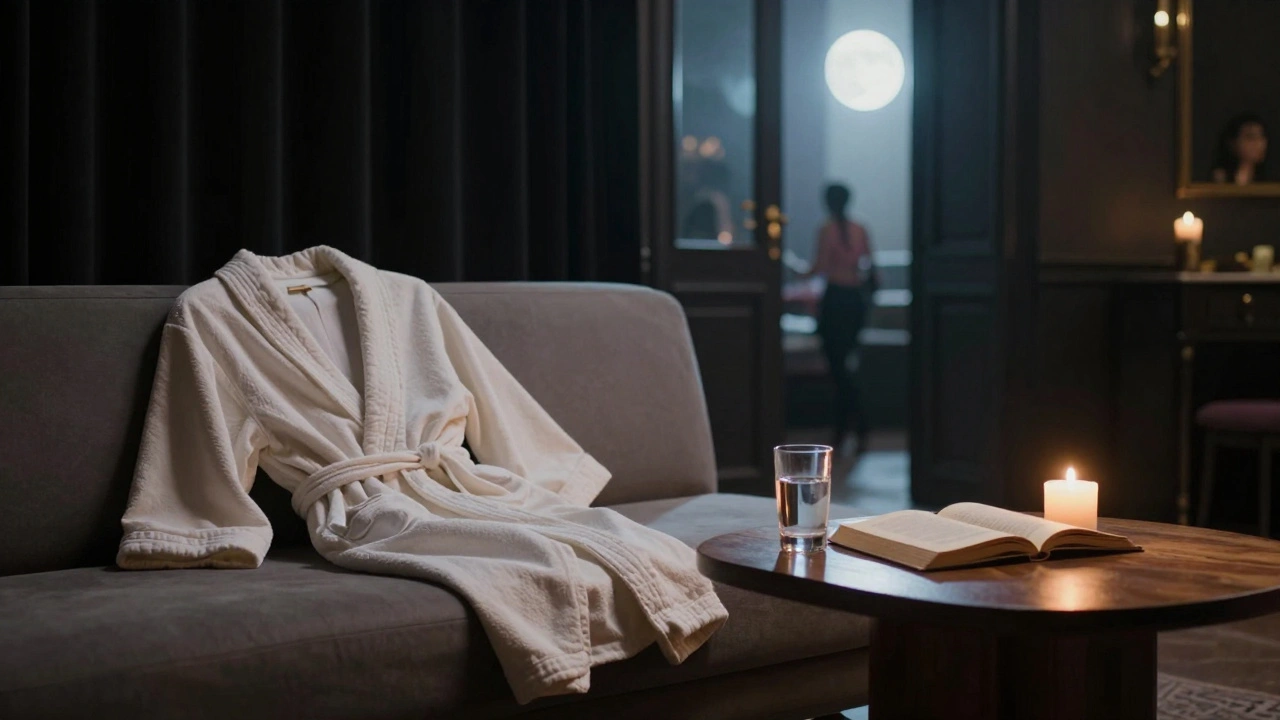 An empty chill-out area with a robe, glass of water, and candle, evoking quiet reflection.
