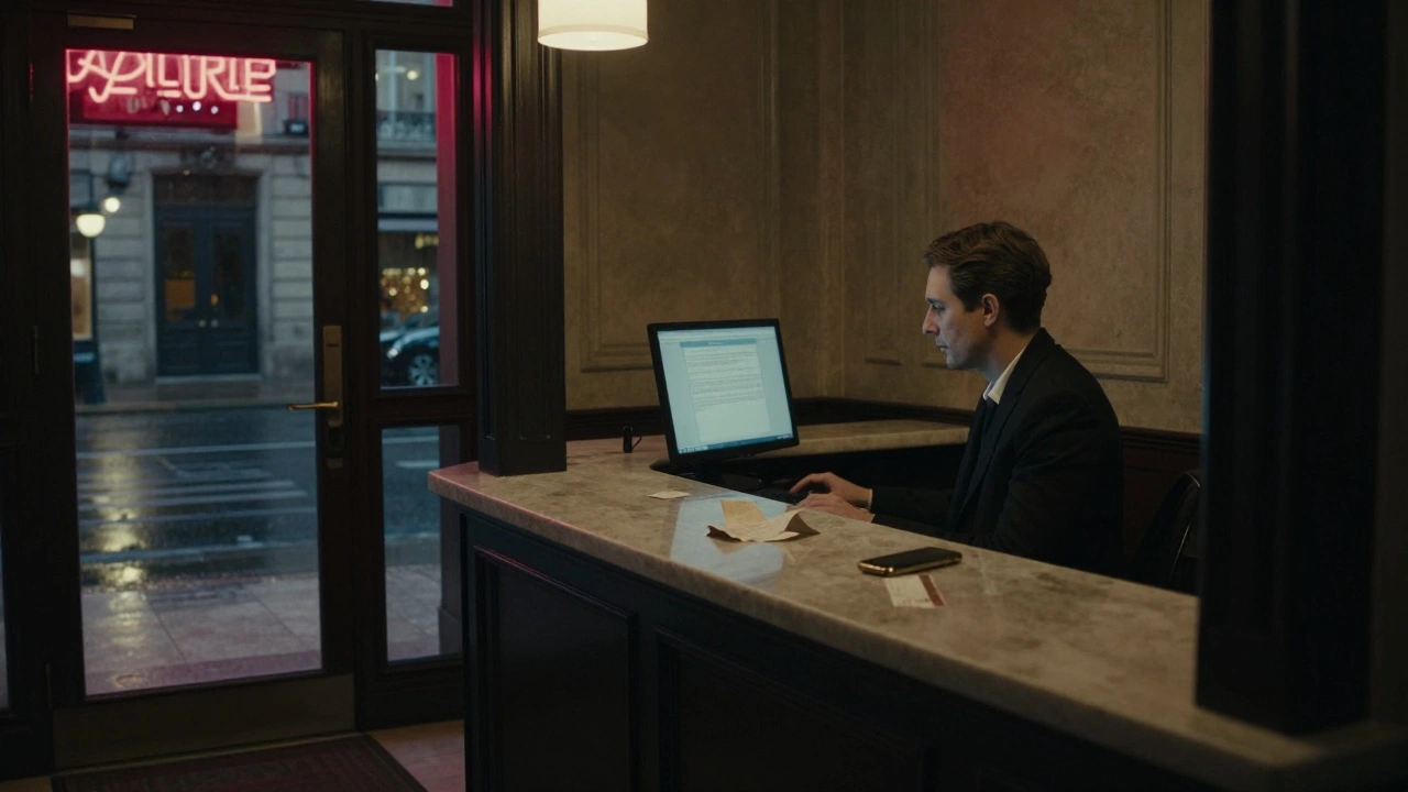 An empty hotel lobby at night with a clerk avoiding eye contact, rain outside reflecting neon light.
