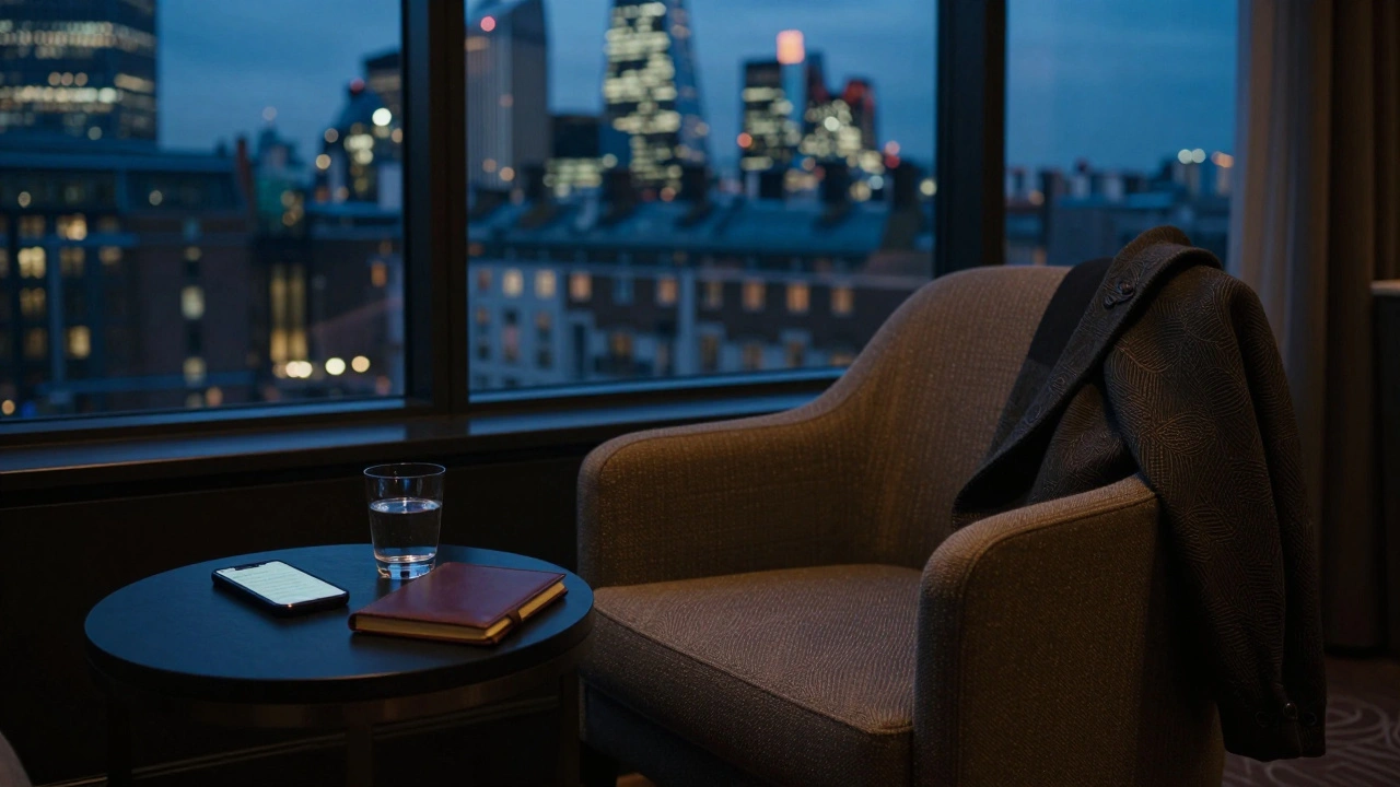 An empty hotel lounge at dusk with a phone, notebook, and glass of water—evidence of a private, respectful meeting.