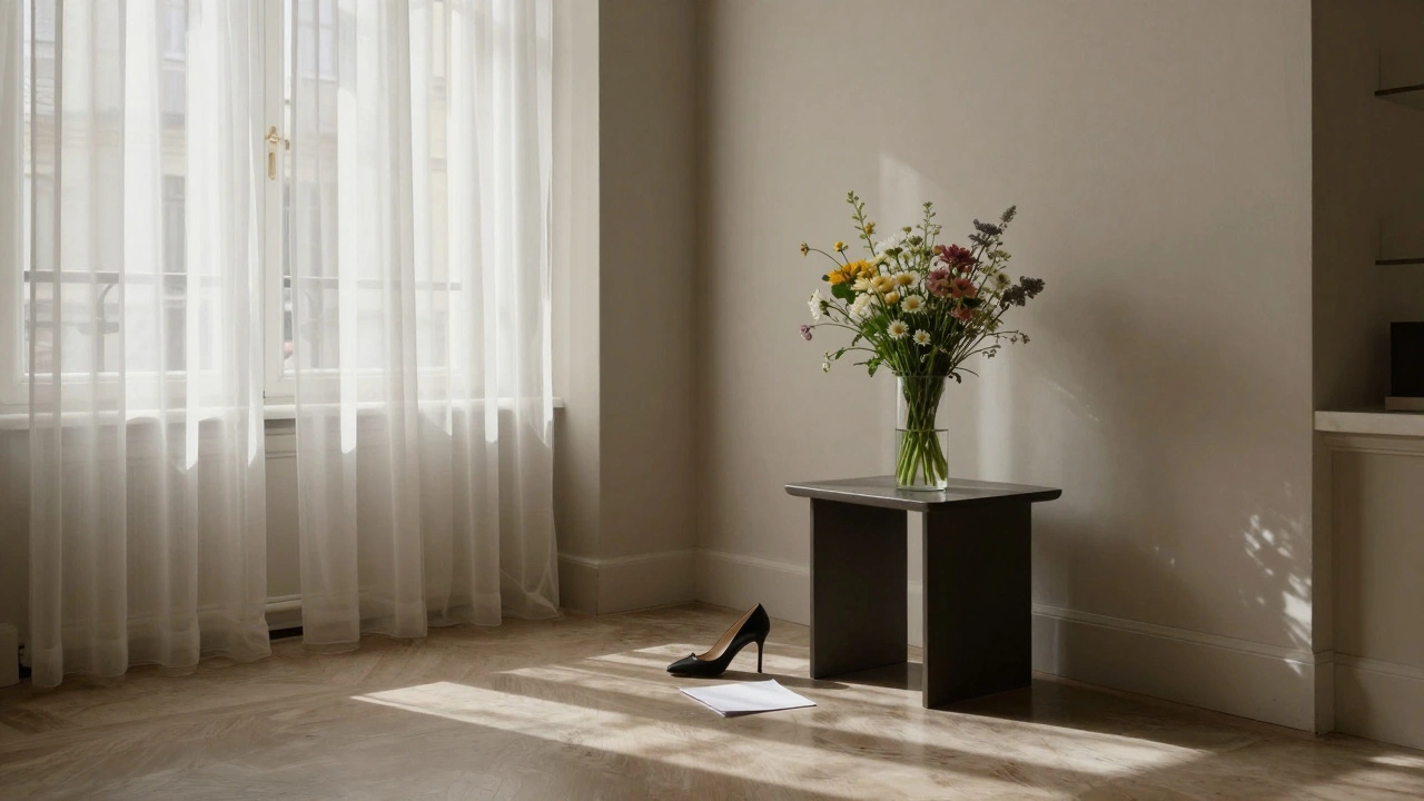 An empty Paris apartment lobby with a shoe and note beside wildflowers.