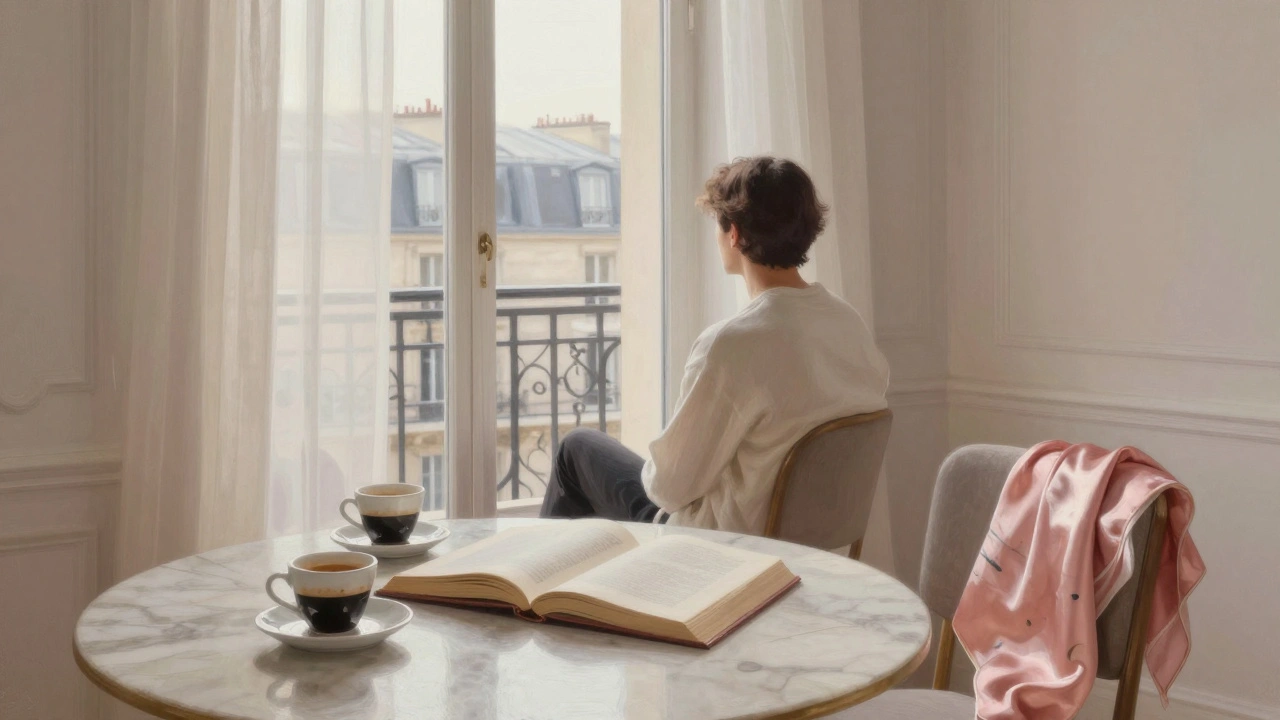 An empty Parisian apartment at dawn with sunlight on coffee cups and a silk scarf, suggesting a quiet morning after.
