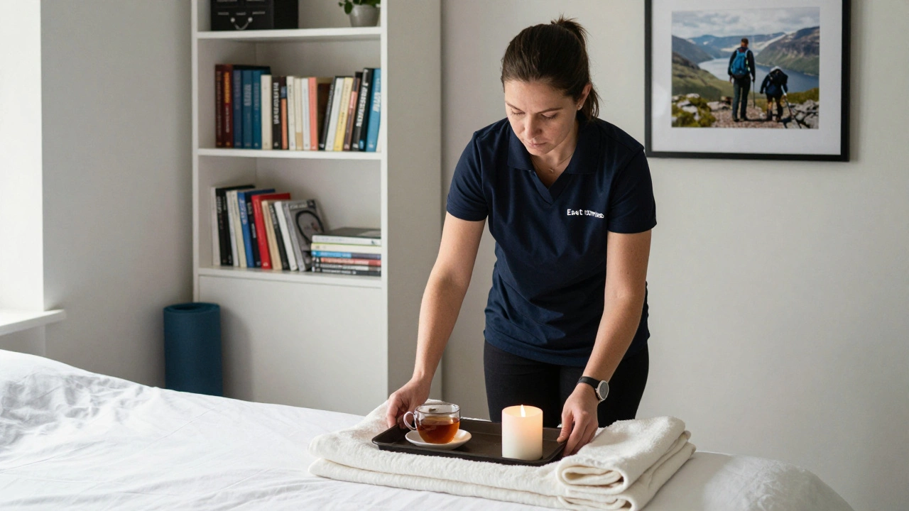 An independent escort prepares a serene session space with tea, a blanket, and personal touches like books and a yoga mat.