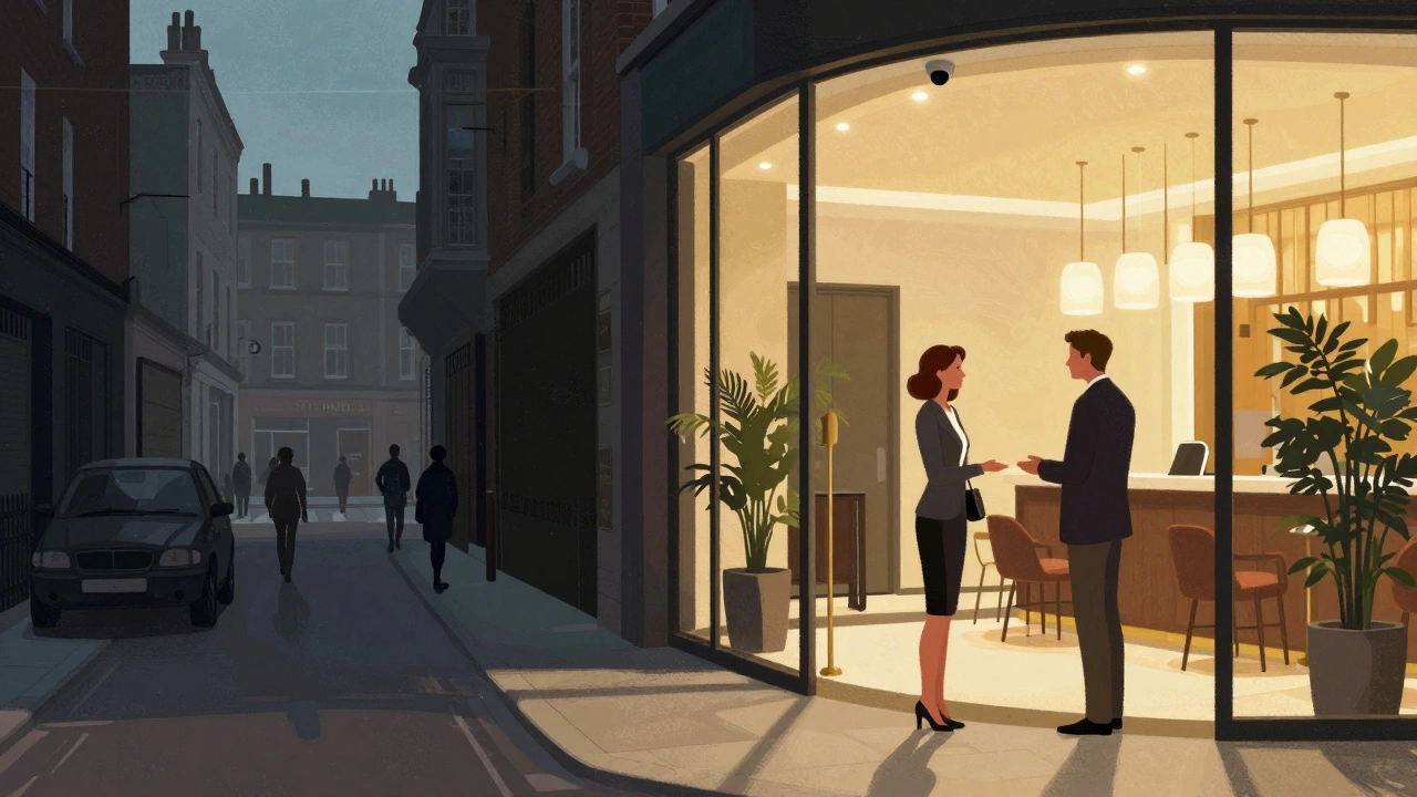 Contrasting scenes: dangerous alley versus safe hotel lobby in North London.