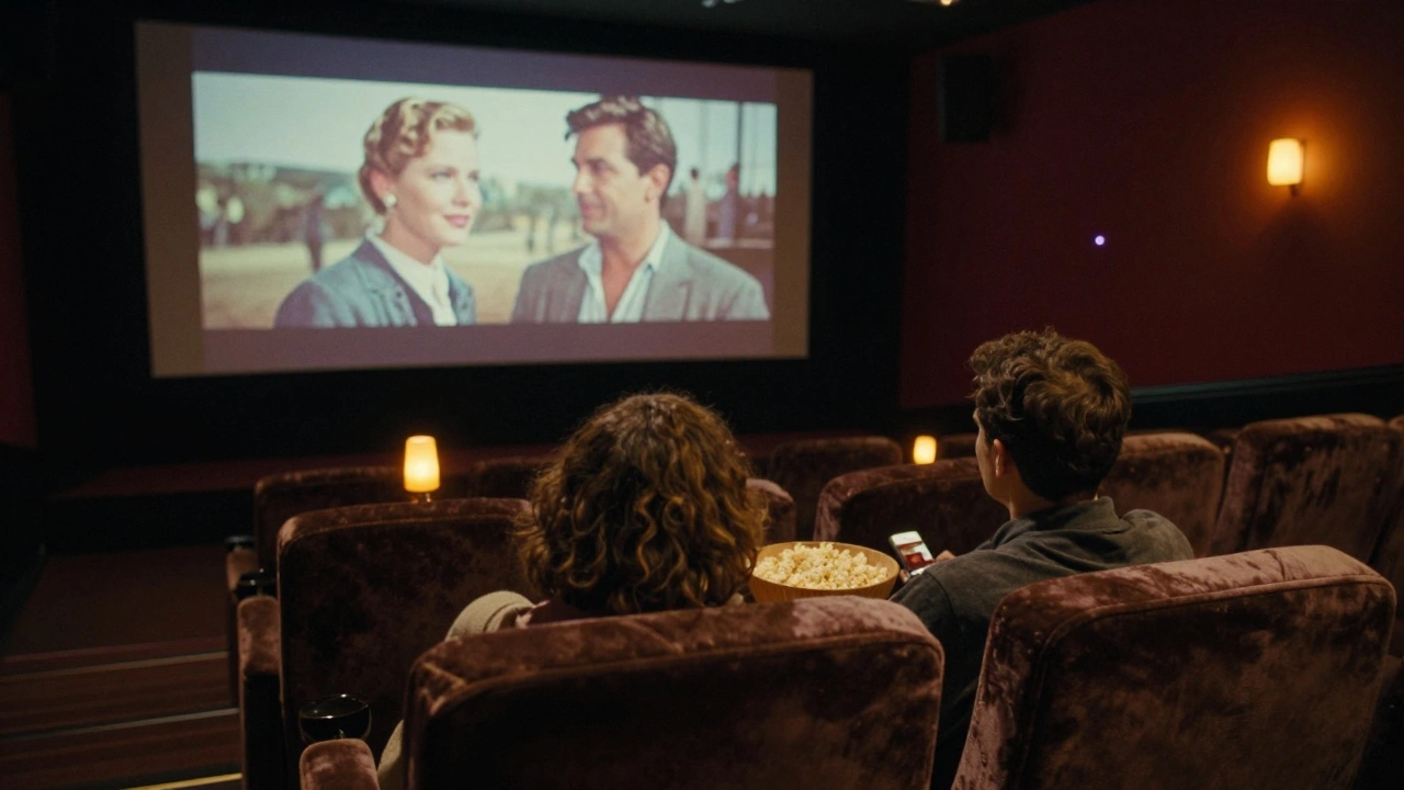Couple watching a classic film together in a private retro cinema with velvet seats and flickering projection.