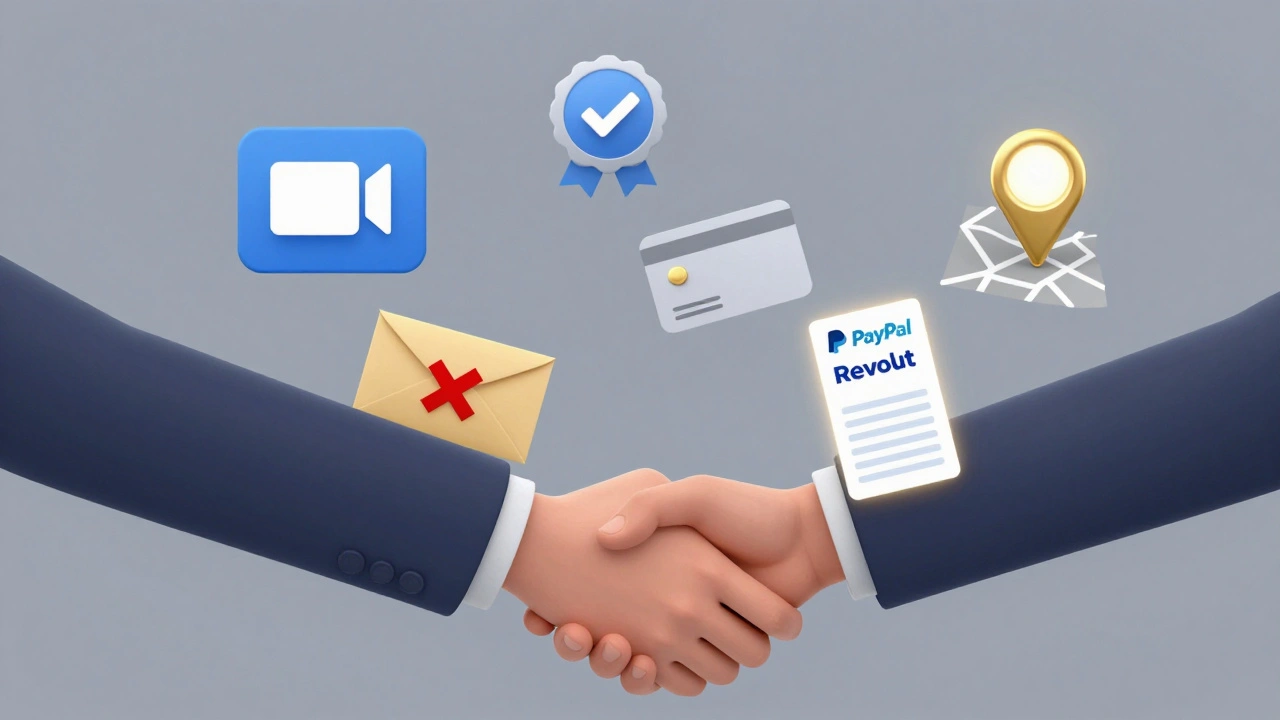 Digital payment receipt and verified symbols replacing cash in a symbolic handshake.