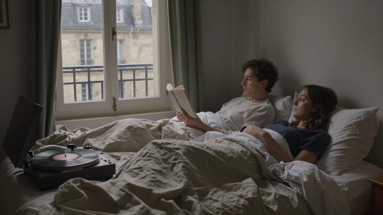 Intimate bedroom scene at dawn in Paris with rain and jazz record playing.