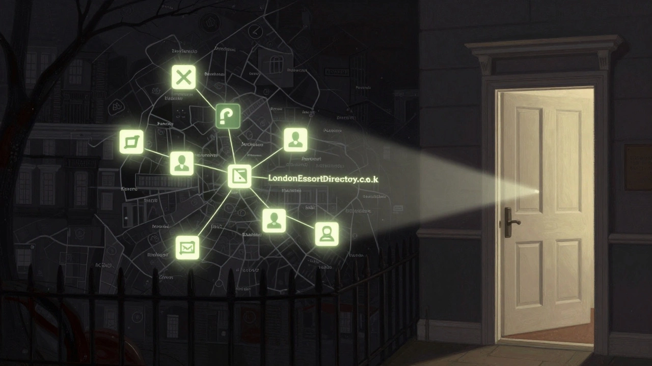 London map with dangerous scam icons and safe directories glowing in well-lit areas.