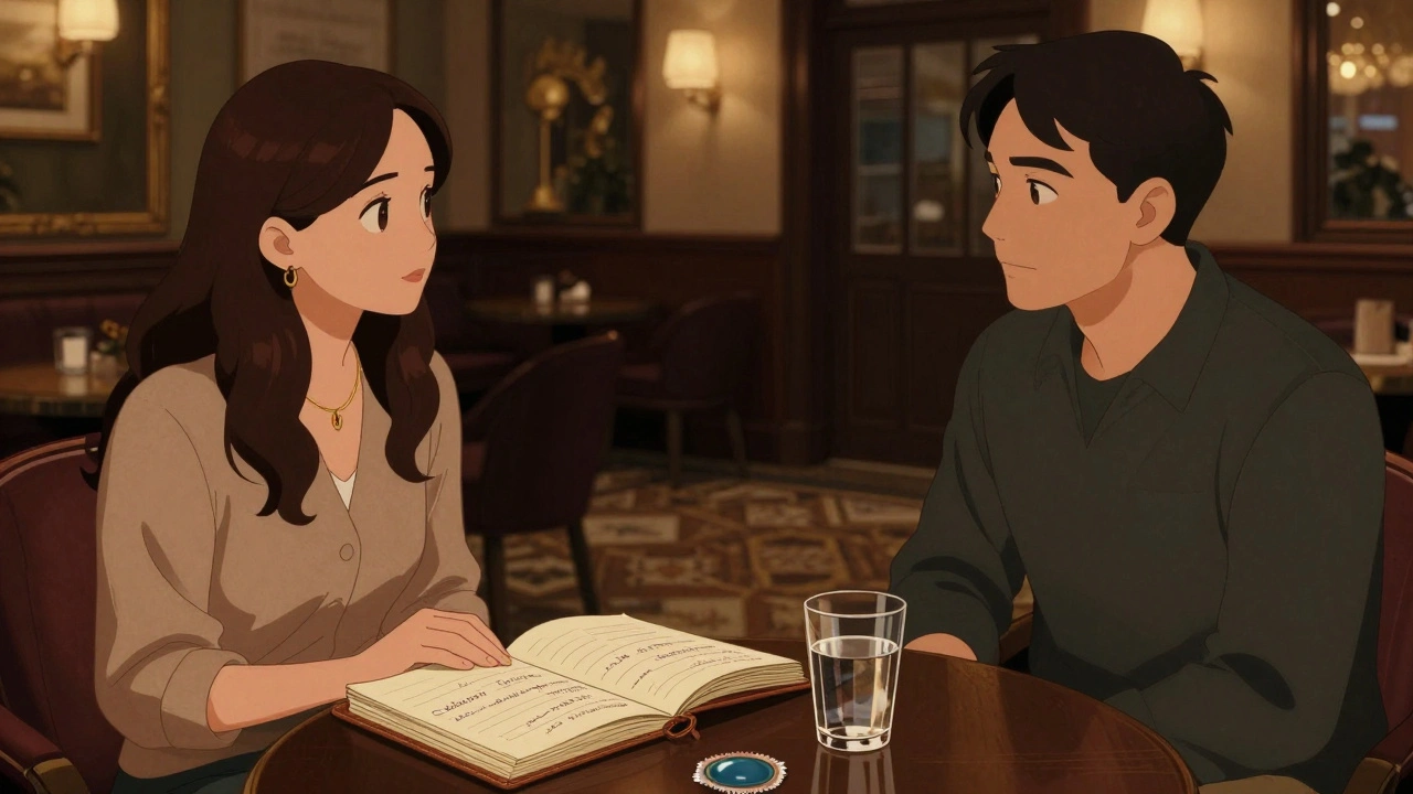 Man and woman calmly talking in a London hotel lobby with notes and water on the table.