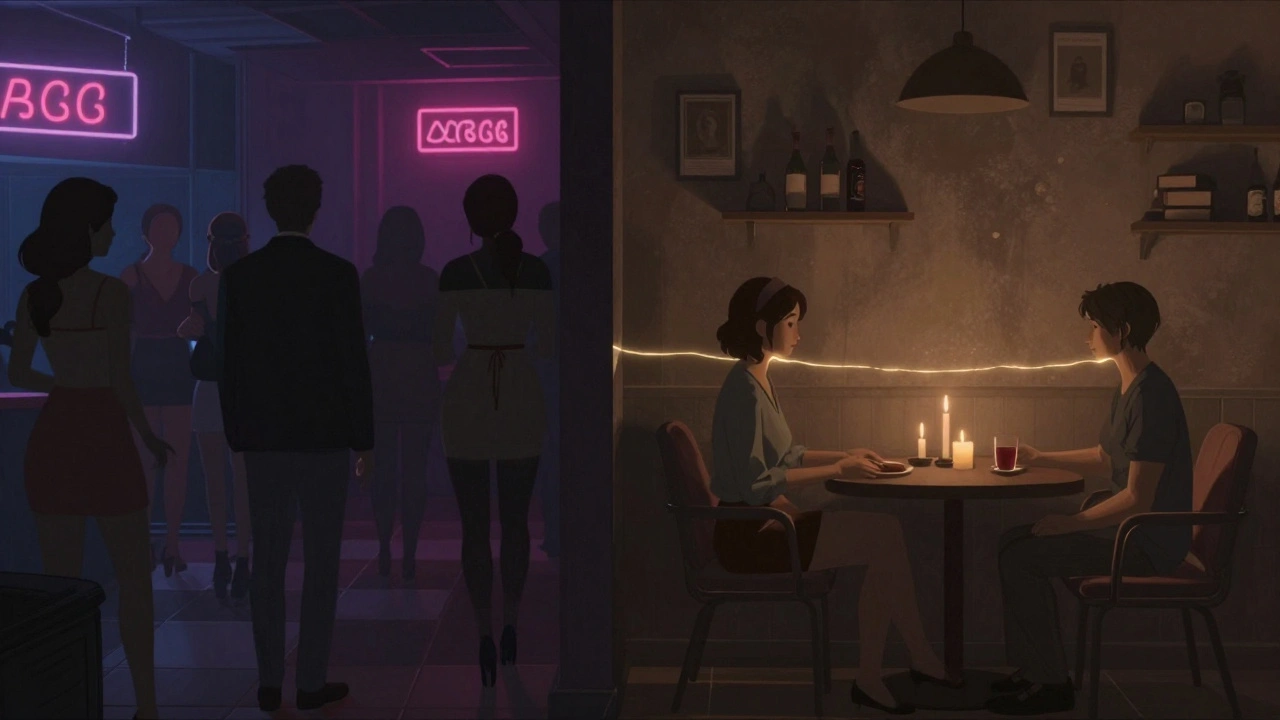 Split image: noisy strip club vs. quiet apartment, symbolizing different types of adult services.