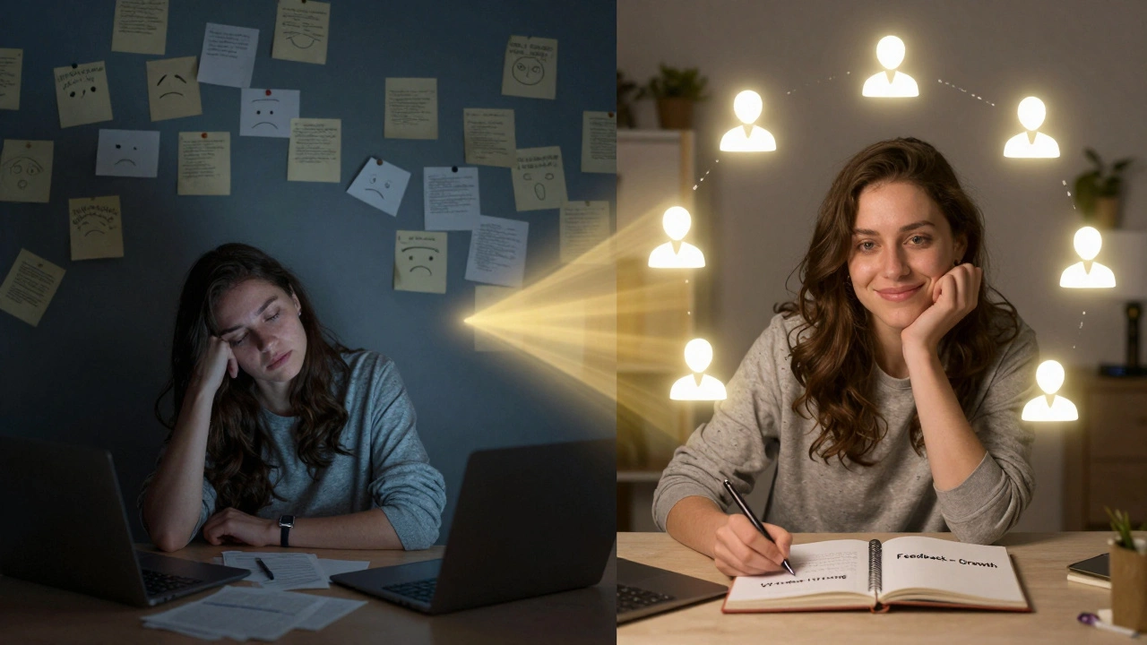 Split image showing transformation from ignored feedback to growth through attentive improvement.