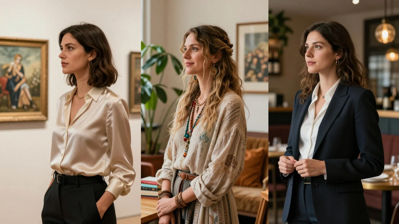 Three different MILF escorts in London: at an art gallery, in a cozy flat, and at a restaurant.