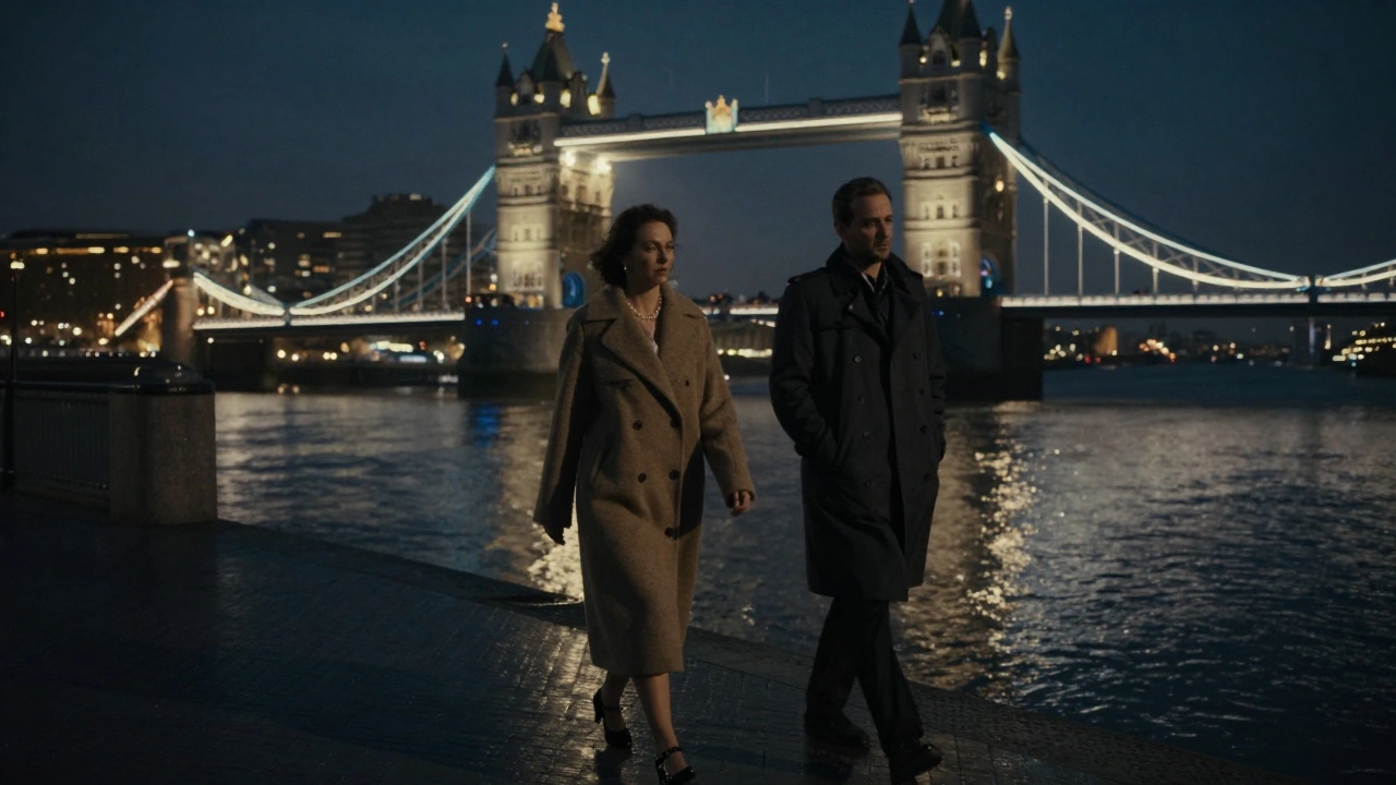 Two figures walking silently along the Thames at night, reflections glowing in the water.