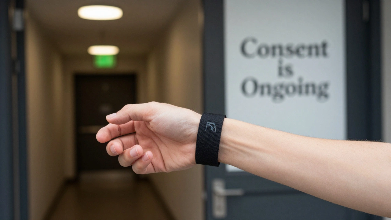 Two hands exchanging a wristband at a private club entrance, symbolizing entry and consent.