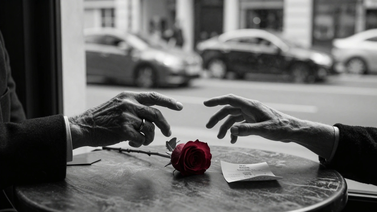 Two hands reach across a table with a rose between them, symbolizing connection without intimacy.